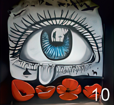 A mural in the Carr Lodge Park shelter- a blue eye crying a single tear onto four red poppies below