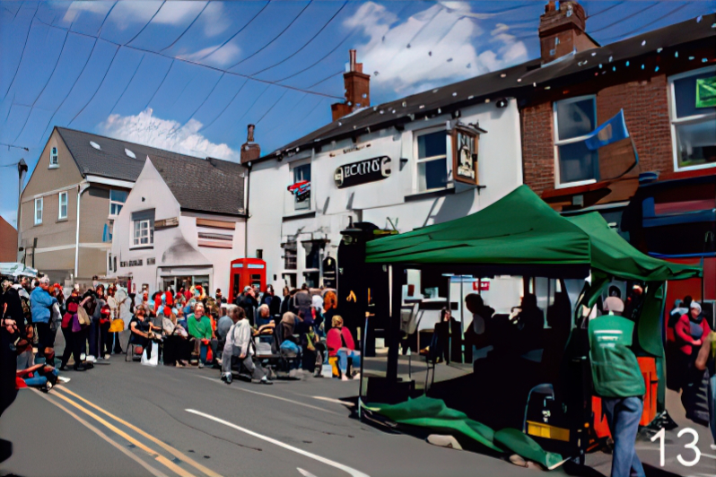 Horbury Street Fair- residents walking down a street with pop up stalls and gazebos