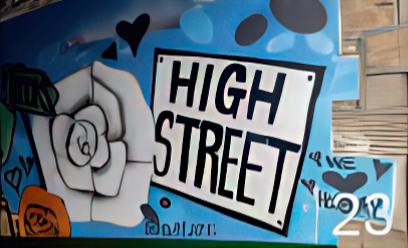 High Street mural- blue background with a white rose, red rose and shapes. A white box with the text "High Street" is on the right hand side