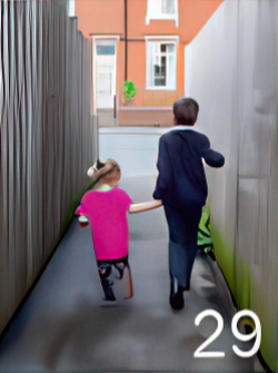 Two young children walking down an alleyway