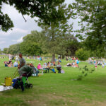 Picnic in the Park event- lots of people having picnics on a green space with trees