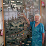 Project leader, Janet Taylor, pointing to the Horbury tapestry