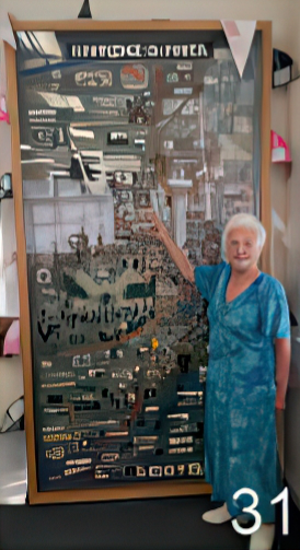 Project leader, Janet Taylor, pointing to the Horbury tapestry