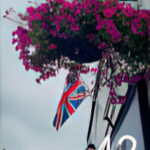 Hanging basket with pink flowers and Union Jack flag behind