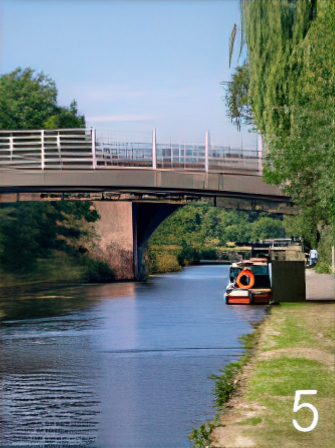 The bridge at Broad Cut- bridge over a canal with a canal boat and greenery on the side