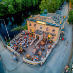 Arial view of the Bingley Arms on a busy day