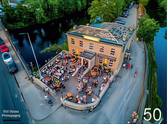 Arial view of the Bingley Arms on a busy day